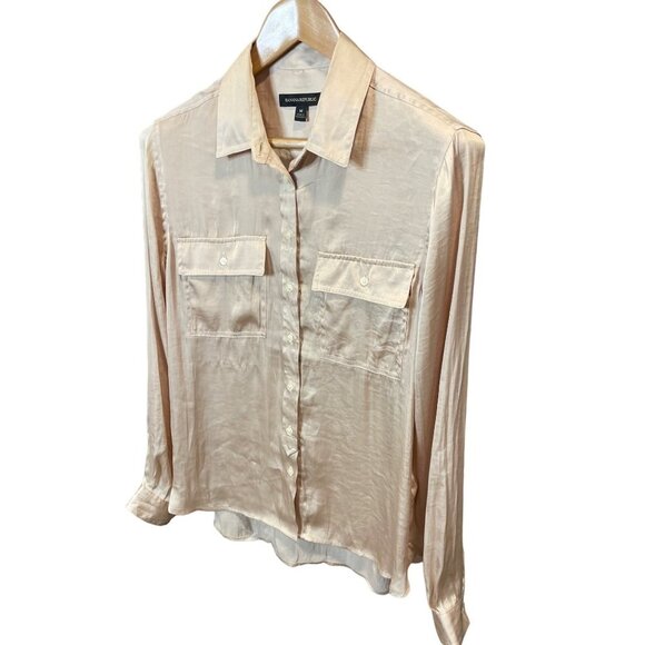 Banana Republic Tan Satin Button Up Long Sleeve Blouse Top Sz M - Picture 3 of 9